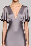 Black V-Neck Satin A Line Midi Cocktail Dress with Sleeves