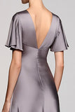 Black V-Neck Satin A Line Midi Cocktail Dress with Sleeves