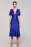 Black V-Neck Satin A Line Midi Cocktail Dress with Sleeves