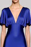Black V-Neck Satin A Line Midi Cocktail Dress with Sleeves