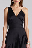 Black V-Neck Midi A Line Satin Cocktail Dress with Ruffles