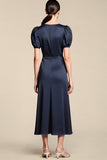 Satin A Line Navy Midi Cocktail Dress with Sleeves