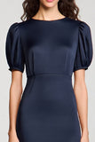 Satin A Line Navy Midi Cocktail Dress with Sleeves