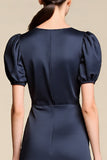 Satin A Line Navy Midi Cocktail Dress with Sleeves
