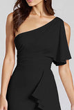 Black Mermaid Satin One Shoulder Midi Cocktail Dress with Ruffles