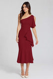 Black Mermaid Satin One Shoulder Midi Cocktail Dress with Ruffles