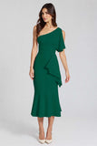 Black Mermaid Satin One Shoulder Midi Cocktail Dress with Ruffles