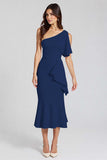 Black Mermaid Satin One Shoulder Midi Cocktail Dress with Ruffles