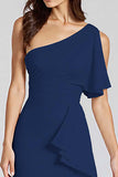 Dusty Blue One Shoulder Mermaid Midi Cocktail Dress with Ruffles