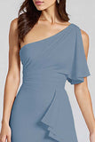 Dusty Blue One Shoulder Mermaid Midi Cocktail Dress with Ruffles