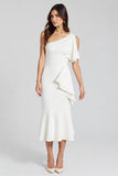 Dusty Blue One Shoulder Mermaid Midi Cocktail Dress with Ruffles