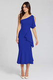 Black Mermaid Satin One Shoulder Midi Cocktail Dress with Ruffles