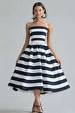 A Line Navy White Stripe Strapless Midi Cocktail Dress