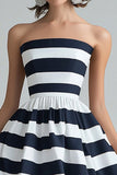A Line Navy White Stripe Strapless Midi Cocktail Dress