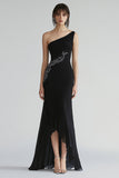Sparkly Chiffon One Shoulder High Low Black Tie Dress with Beading
