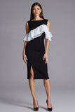 Black and White Bodycon Midi Cocktail Dress with Ruffles