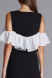 Black and White Bodycon Midi Cocktail Dress with Ruffles