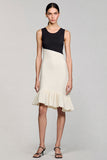 Black and White Satin Midi Bodycon Cocktail Dress with Ruffles