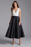 Black and White Patchwork V Neck Satin A Line Midi Cocktail Dress