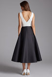 Black and White Patchwork V Neck Satin A Line Midi Cocktail Dress