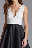 Black and White Patchwork V Neck Satin A Line Midi Cocktail Dress