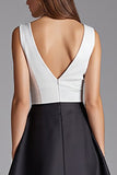 Black and White Patchwork V Neck Satin A Line Midi Cocktail Dress