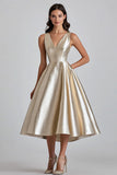A Line Champagne V-Neck Midi Cocktail Dress
