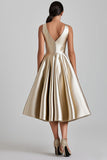 A Line Champagne V-Neck Midi Cocktail Dress