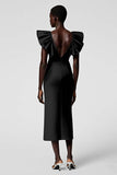 Black Satin V Neck Sheath Midi Cocktail Dress with Ruffles