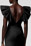 Black Satin V Neck Sheath Midi Cocktail Dress with Ruffles