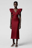 Black Satin V Neck Sheath Midi Cocktail Dress with Ruffles