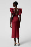Black Satin V Neck Sheath Midi Cocktail Dress with Ruffles