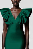Black Satin V Neck Sheath Midi Cocktail Dress with Ruffles