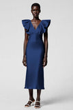 Black Satin V Neck Sheath Midi Cocktail Dress with Ruffles