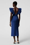 Black Satin V Neck Sheath Midi Cocktail Dress with Ruffles