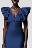 Black Satin V Neck Sheath Midi Cocktail Dress with Ruffles