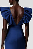 Black Satin V Neck Sheath Midi Cocktail Dress with Ruffles