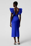 Black Satin V Neck Sheath Midi Cocktail Dress with Ruffles