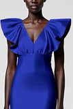 Black Satin V Neck Sheath Midi Cocktail Dress with Ruffles