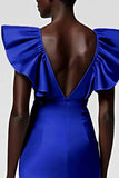 Black Satin V Neck Sheath Midi Cocktail Dress with Ruffles