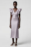 Black Satin V Neck Sheath Midi Cocktail Dress with Ruffles