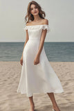 Ivory A Line Satin Maxi Wedding Reception Dress with Lace