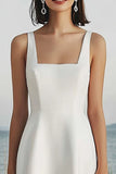 Ivory Square Neck A Line Maxi Satin Rehearsal Dinner Dress