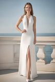 Ivory Maxi Sheath Satin Wedding Reception Dress with Slit