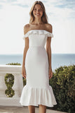 Ivory Bodycon Satin Engagement Dress with Ruffles