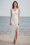Ivory Maxi Sheath Satin Wedding Reception Dress with Slit