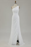 Ivory Chiffon One Shoulder Ruched Beach Maxi Engagement Dress with Slit