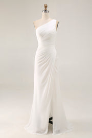 Ivory Chiffon Ruched One Shoulder Beach Maxi Engagement Dress with Slit