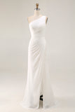 Ivory Chiffon Ruched One Shoulder Beach Maxi Engagement Dress with Slit