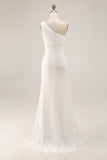 Ivory Chiffon Ruched One Shoulder Beach Maxi Engagement Dress with Slit